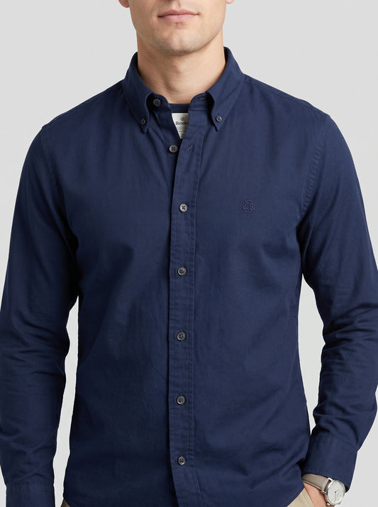 Rich Navy Textured Oxford Shirt with Tonal Monogram