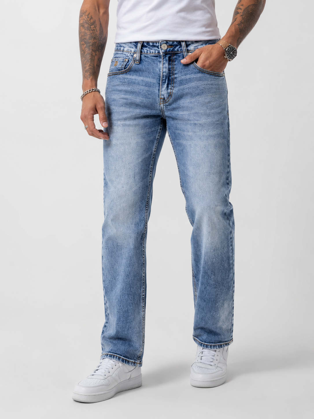 Light Blue Laser Textured Straight Fit Denim Jeans | Premium Menswear