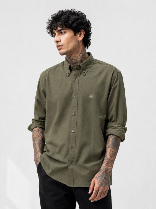 Tactical Muted Olive Textured Oxford Shirt with Tonal Monogram