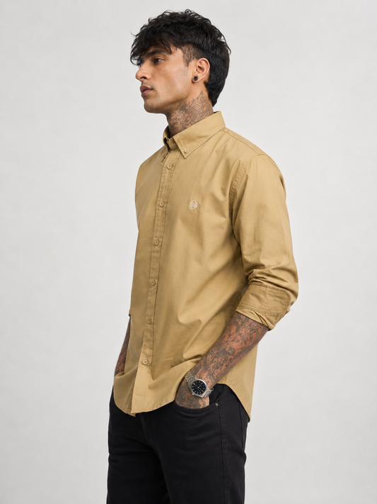 Tan Khaki Textured Oxford Shirt with Tonal Monogram