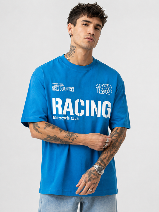 Cerulean Blue & White Structured Round Neck Racing Tee