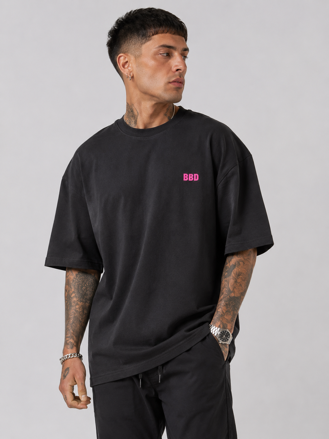 Matte Black & Hot Pink Heavy Drop Shoulder Tee