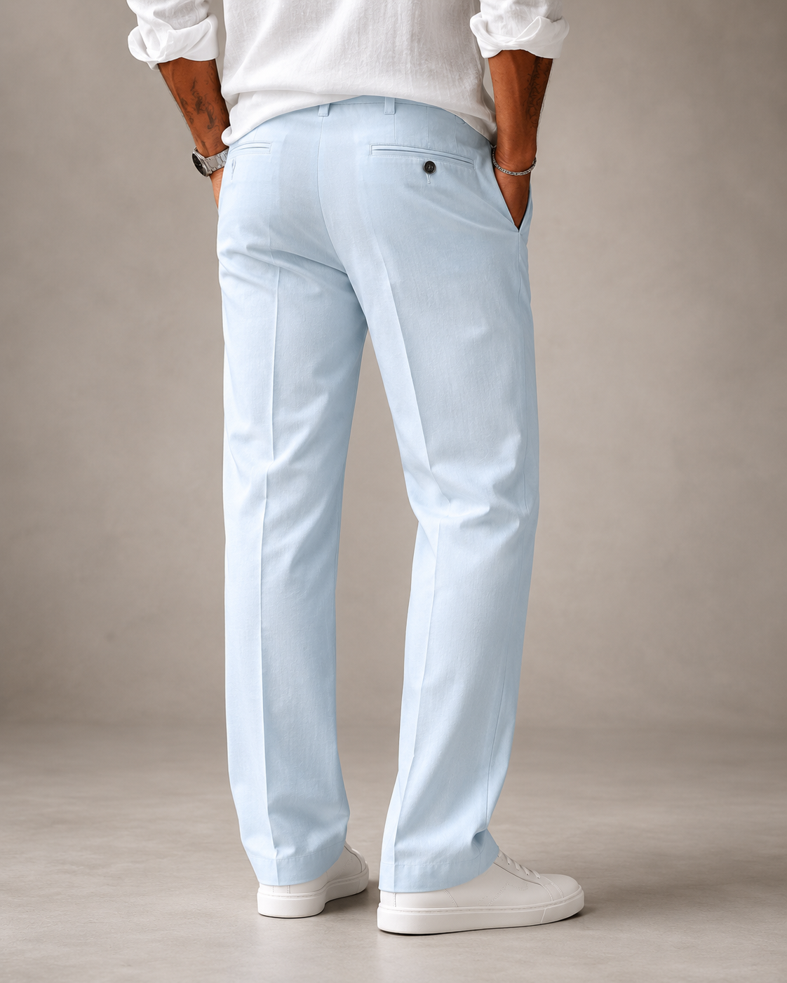Light Sky Blue Structured Straight Fit Linen Casual Trousers