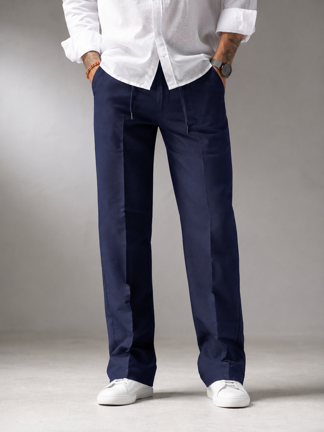 Classic Midnight Navy Structured Straight Fit Linen Trousers