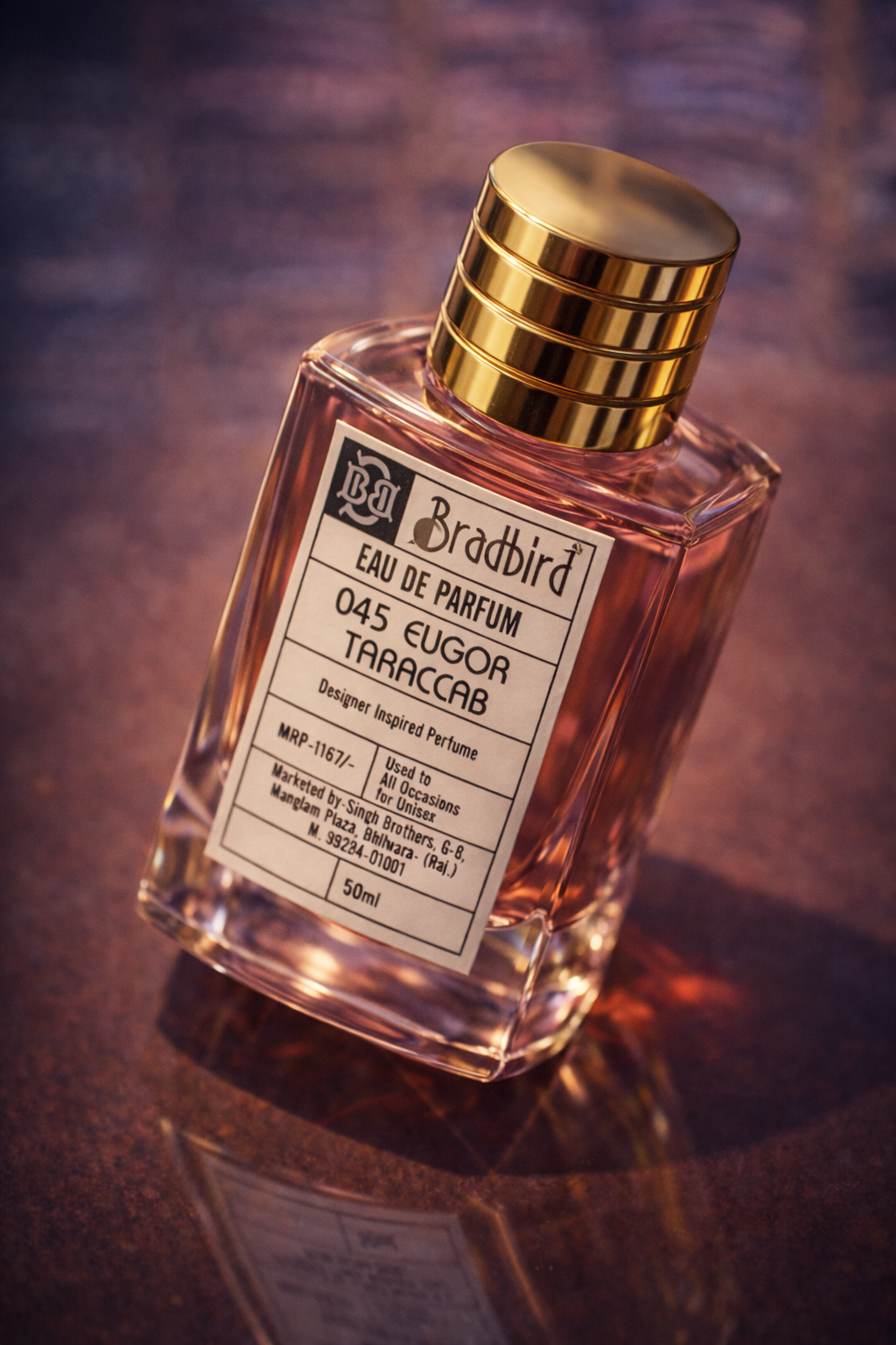 Eau de parfum 045 Eugor Taraccab 50ml bottle with front label, gold cap, amber tint