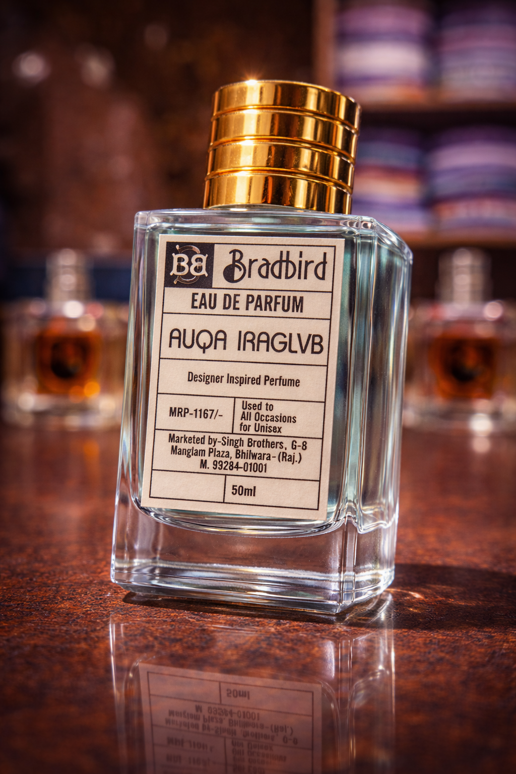 Eau de Parfum bottle with gold cap, front label, mirrored base reflection, 50ml