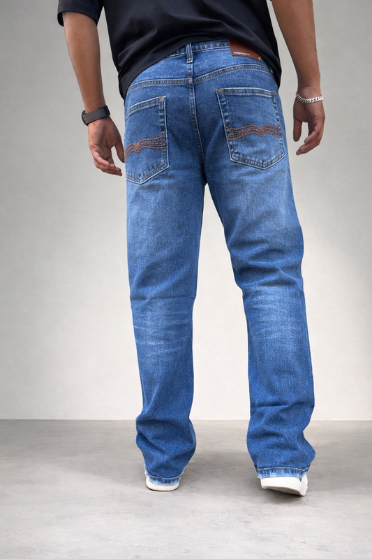 Sky blue ocean-wash straight-fit jeans; back view with button pockets