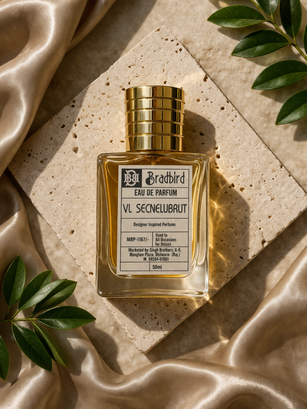 50ml Eau de Parfum bottle with gold ribbed cap, label visible from above