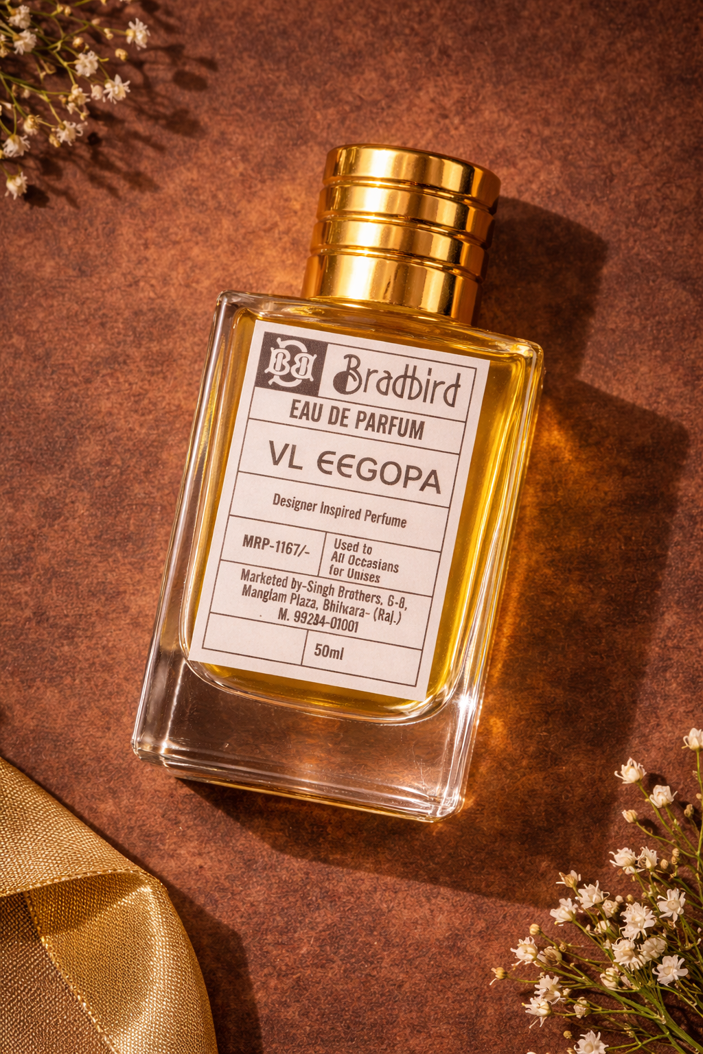VL EEGOPA eau de parfum bottle with gold ribbed top and label, 50ml glass