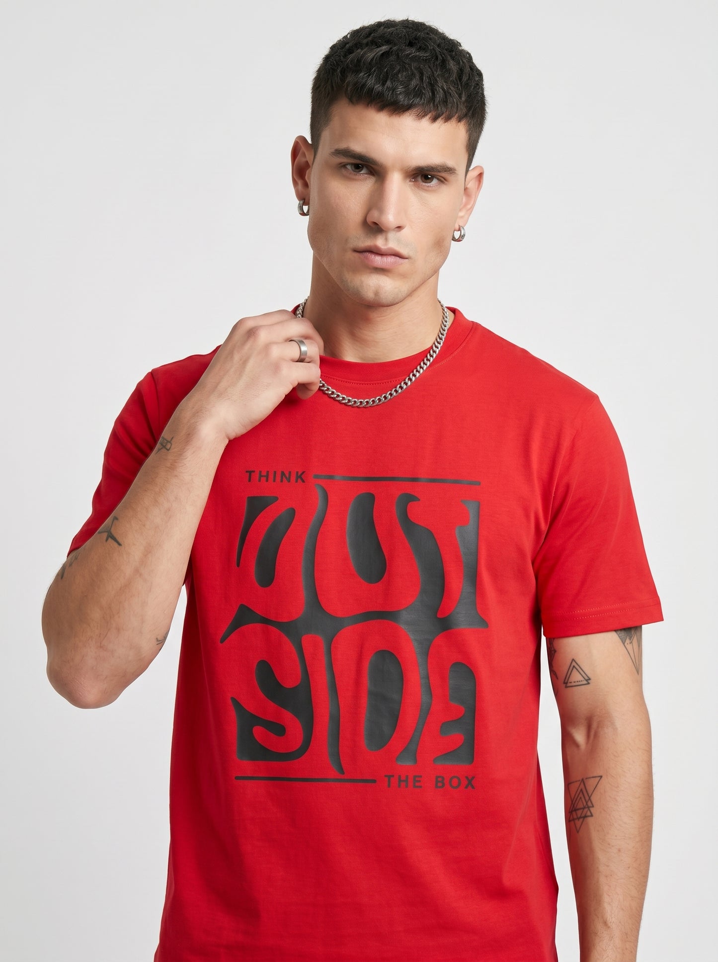 Red Wavy Typography Motorcycle Club Vibe Round Neck