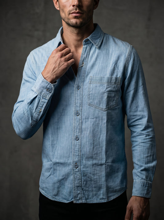 Light blue denim button-up shirt with chest pocket and long sleeves