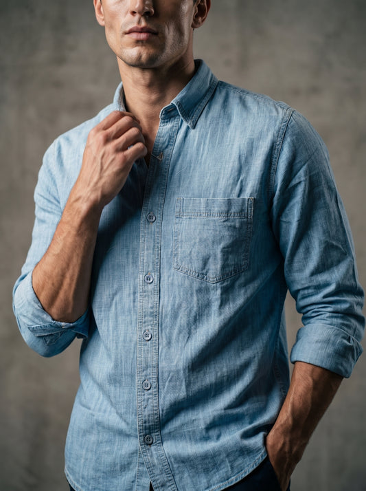 Ice blue denim shirt with long sleeves, button front, and chest pocket detail