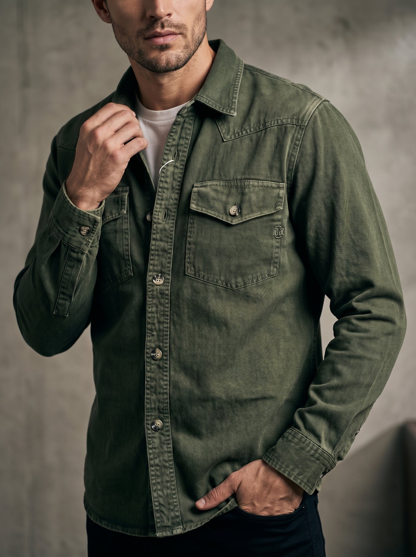 Olive regular-fit tactical denim western shirt with buttoned front and chest pocket