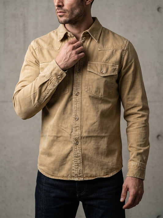 Tan beige denim western shirt with pointed collar, button placket, and chest pockets