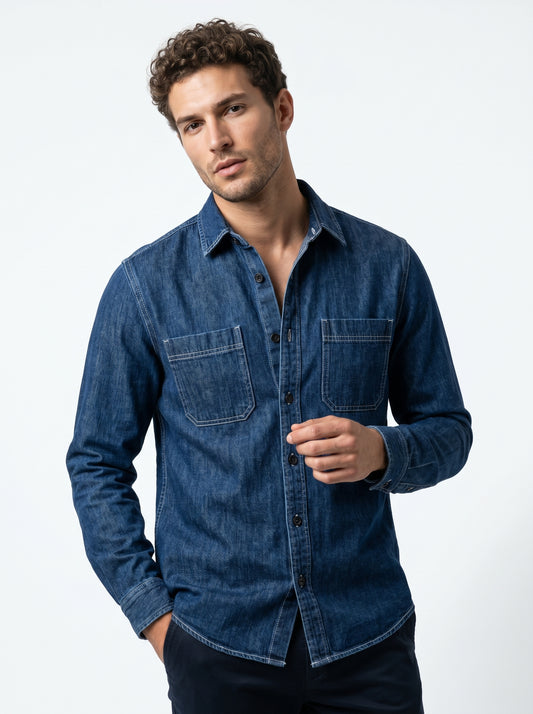 Indigo stonewash denim long-sleeve shirt with two chest pockets and button placket