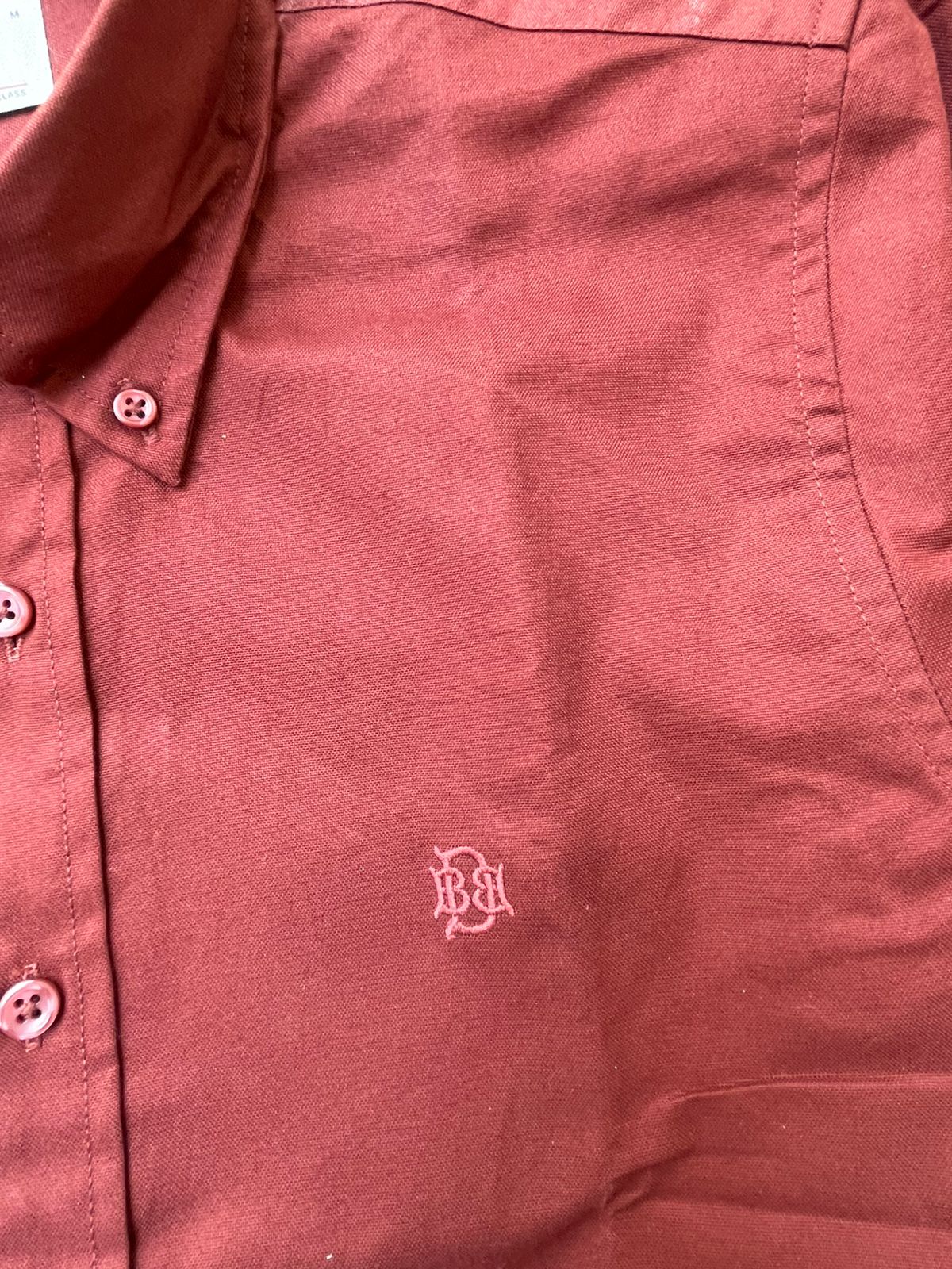 Rich Earthy Maroon Textured Oxford Shirt with Tonal Monogram