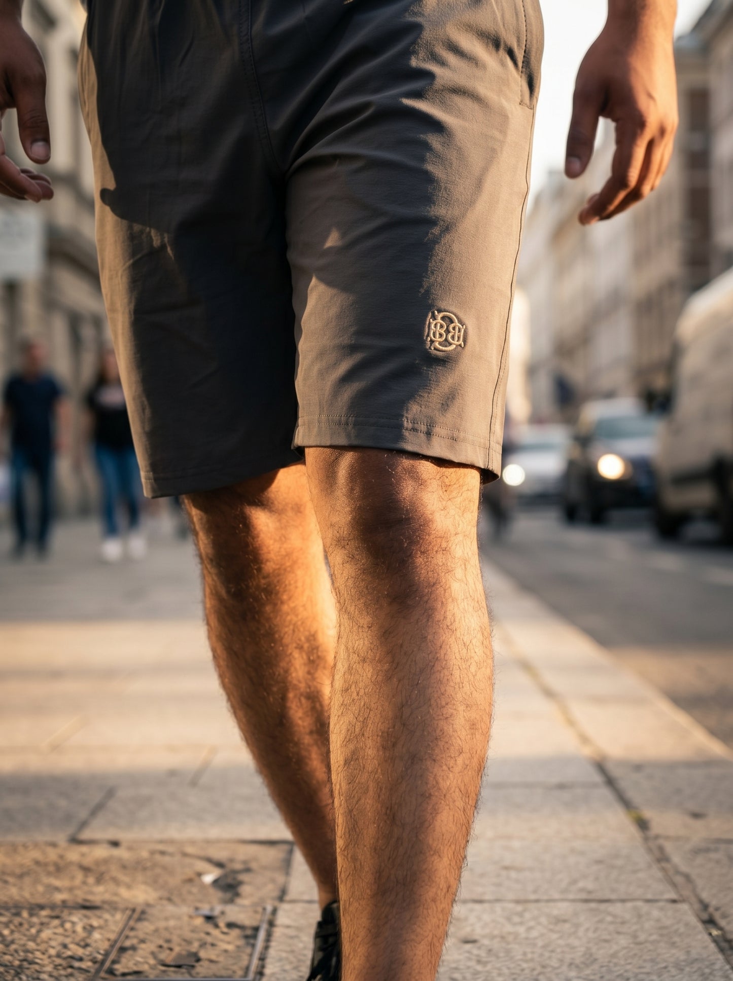 Dark grey casual shorts with stitched cuff and small side BB logo