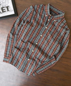 Tan and slate grey tartan plaid button-up shirt, spread collar, long sleeves