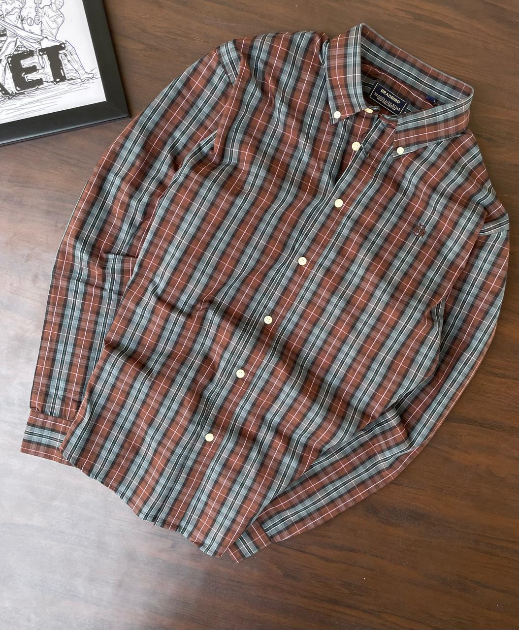 Tan and slate grey tartan plaid button-up shirt, spread collar, long sleeves