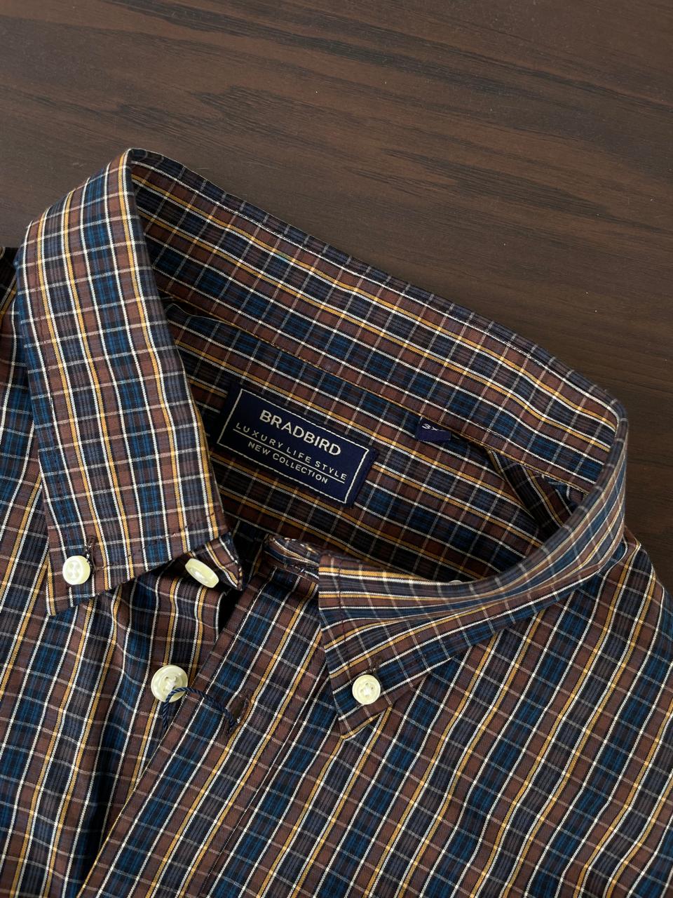 Inside neckline label on mustard & navy multi-check button-up shirt