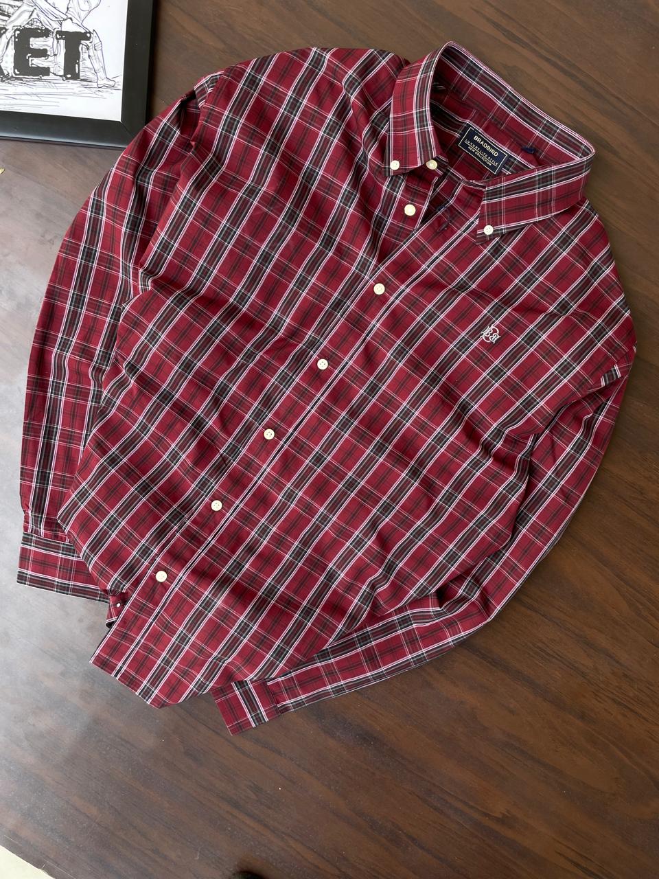 Maroon tartan check shirt, full front view, button placket and collar