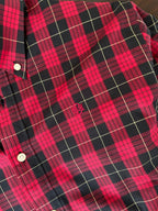 Red and black buffalo check button-up shirt with small logo embroidery on chest