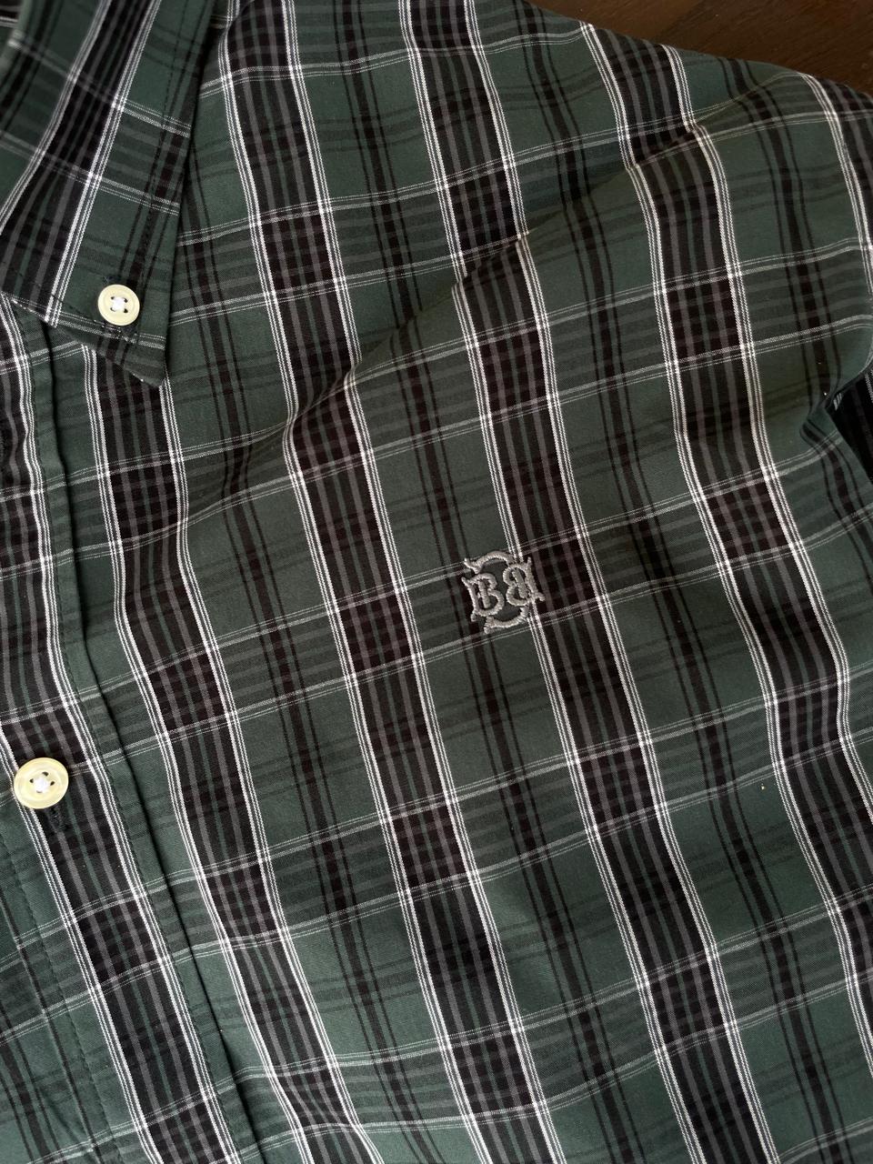 Bottle green tartan check shirt chest logo embroidery on button-up placket