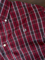 Maroon tartan check shirt chest logo near pocket, button-down collar