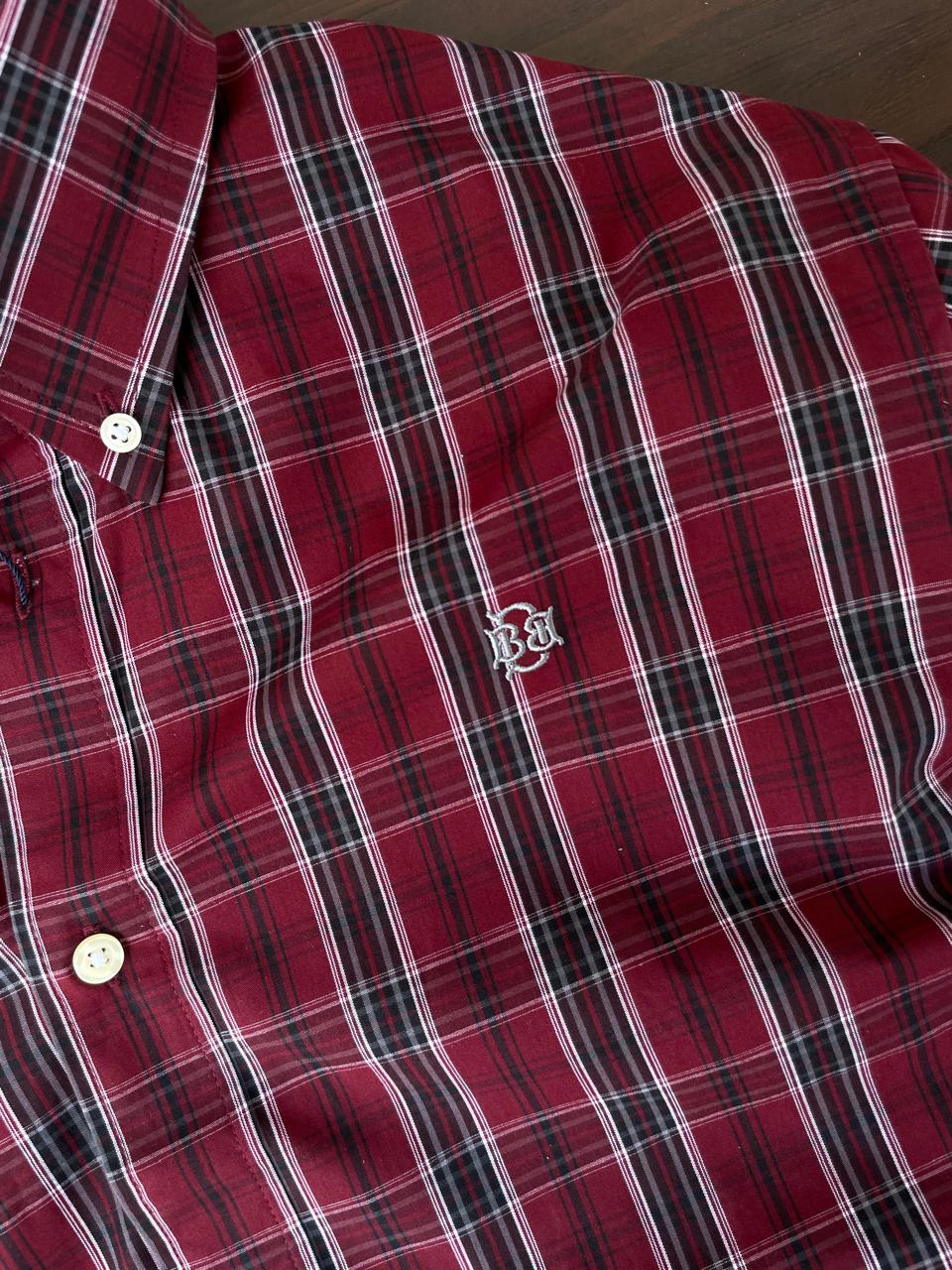 Maroon tartan check shirt chest logo near pocket, button-down collar