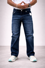 Straight-leg dark blue jeans, vintage wash, button closure, visible front pockets