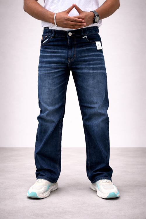 Straight-leg dark blue jeans, vintage wash, button closure, visible front pockets