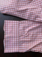 Peach gingham check shirt hem and cuff detail, button front