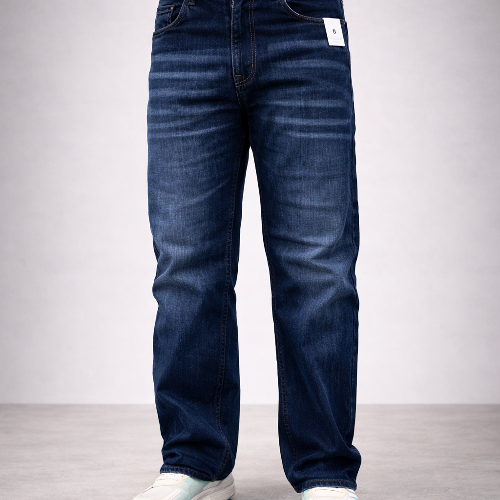 Close view of dark indigo straight-leg jeans with stacked seam and vintage whisker wash