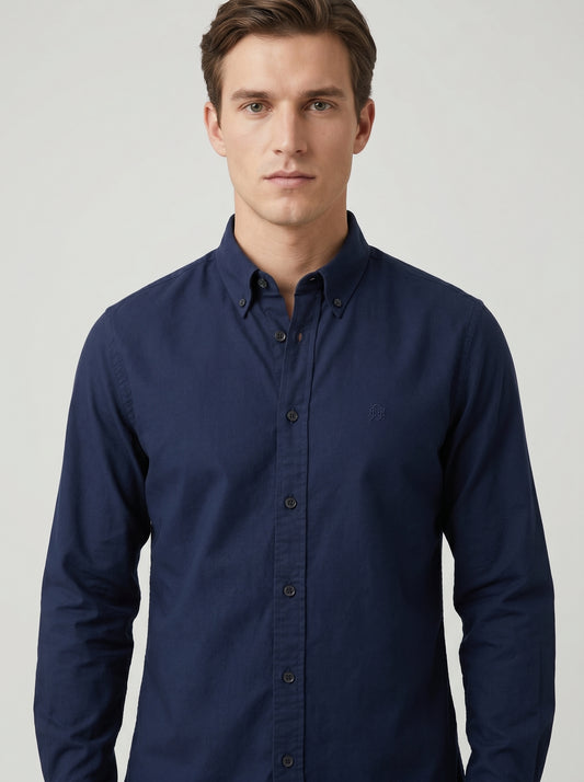 Rich Navy Textured Oxford Shirt with Tonal Monogram