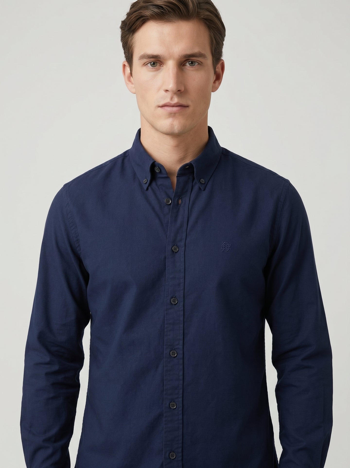 Rich Navy Textured Oxford Shirt with Tonal Monogram