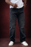 Men’s dark denim cargo jeans, relaxed fit with side cargo pockets and straight legs