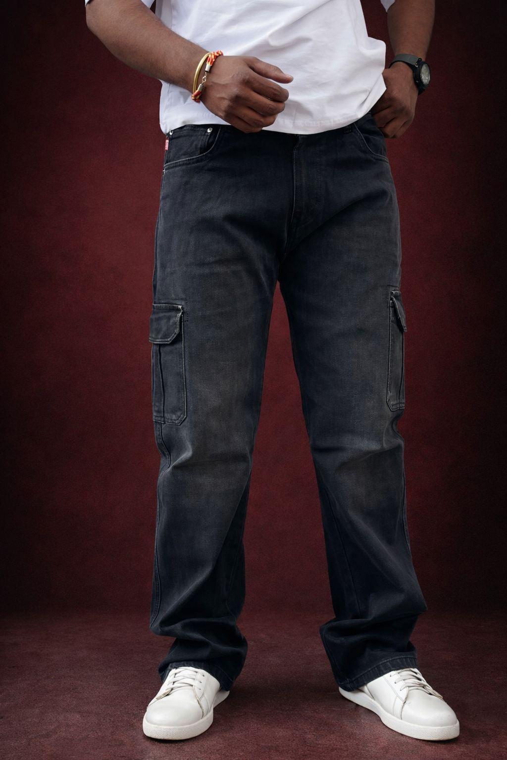 Men’s dark denim cargo jeans, relaxed fit with side cargo pockets and straight legs