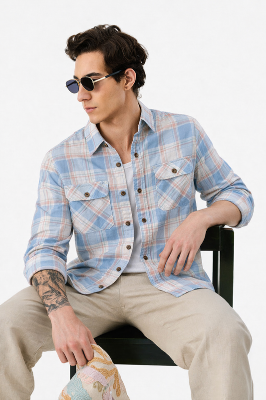 Sky Blue Plaid Double Pocket Western Shirt - Slim Fit
