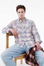 Lavender and grey plaid slim-fit western shirt with double front pockets and snap buttons