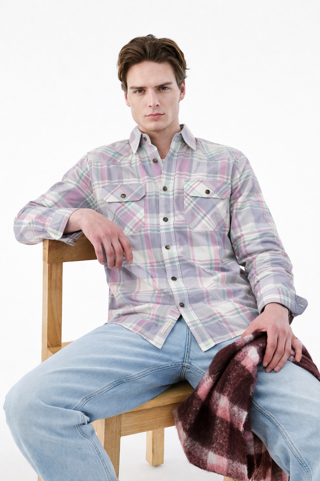 Lavender and grey plaid slim-fit western shirt with double front pockets and snap buttons