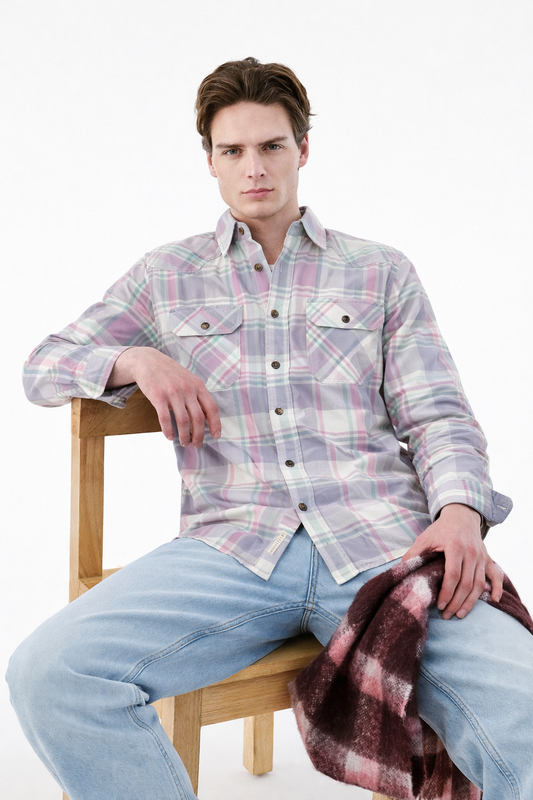 Premium Lavender & Grey Plaid Double Pocket Western Shirt - Slim Fit