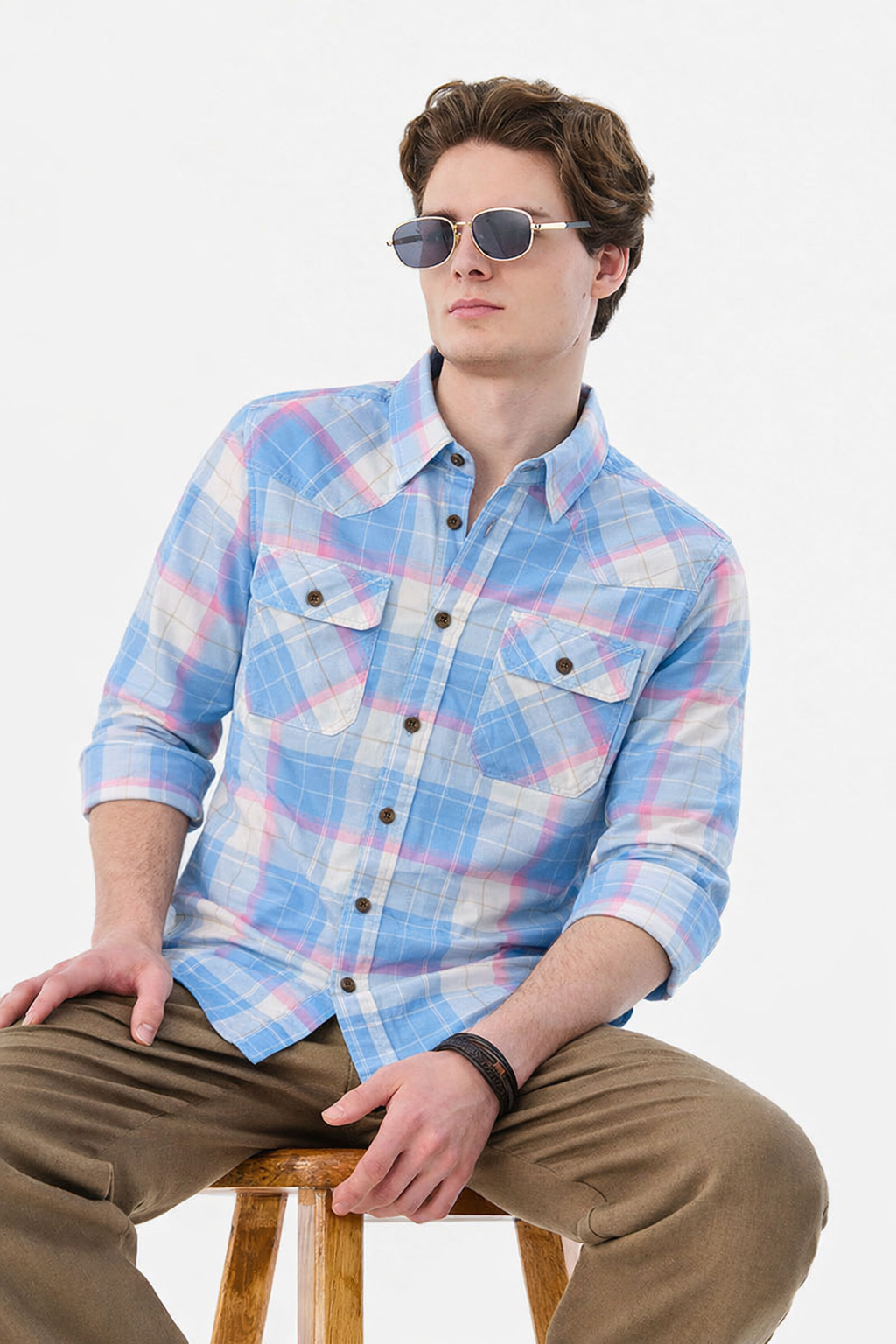 Sky blue and candy pink plaid western shirt, slim fit, double chest pockets