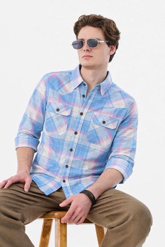 Sky Blue & Candy Pink Plaid Double Pocket Western Shirt - Slim Fit