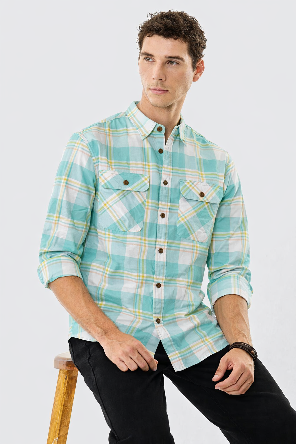 Mint seafoam plaid western shirt, slim fit; double chest pockets and button placket