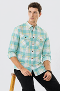 Mint seafoam plaid western shirt, slim fit; double chest pockets and button placket