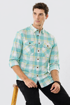 Mint seafoam plaid western shirt, slim fit; double chest pockets and button placket