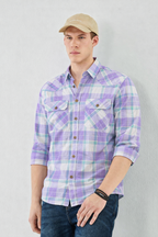 Men's slim-fit purple and teal plaid western shirt with two chest pockets, button front