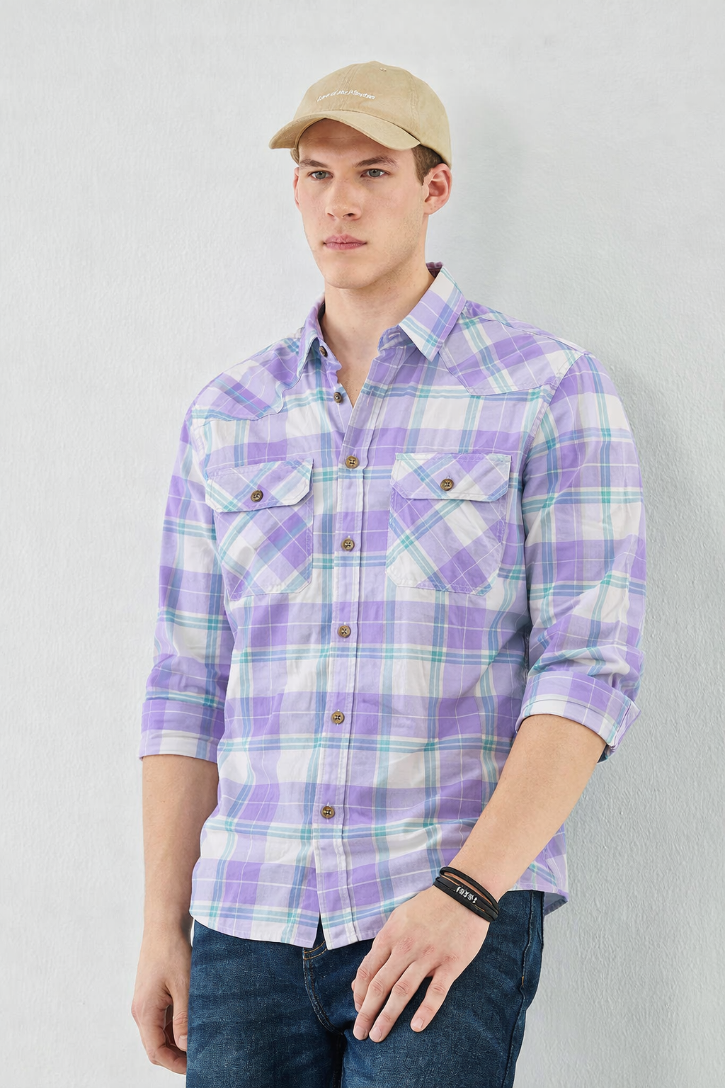 Men's slim-fit purple and teal plaid western shirt with two chest pockets, button front