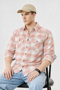 Men's peach and white plaid western shirt, slim fit, double chest pockets, button-up