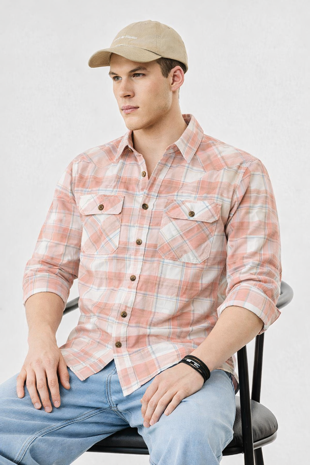 Men's peach and white plaid western shirt, slim fit, double chest pockets, button-up